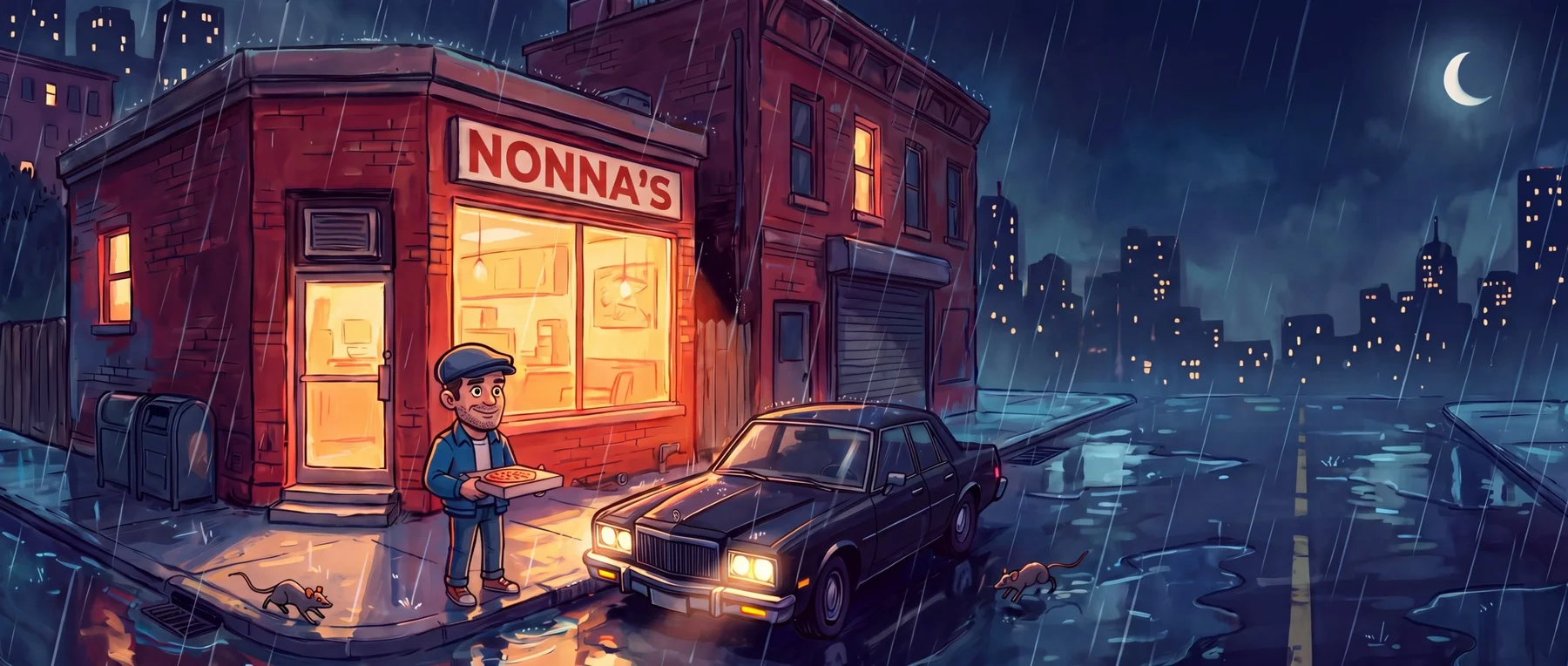 Nonna's pizzeria lights up a rainy city street