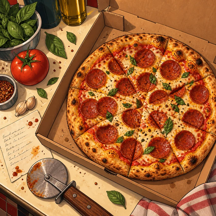 Illustration of a pepperoni pizza, fresh basil and a recipe note